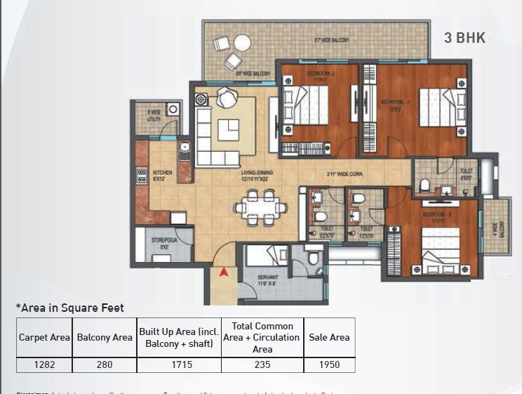 Floor plan of 3 BHK 1282 Sq. Ft. Apartment in Hero Homes, Chandigarh
