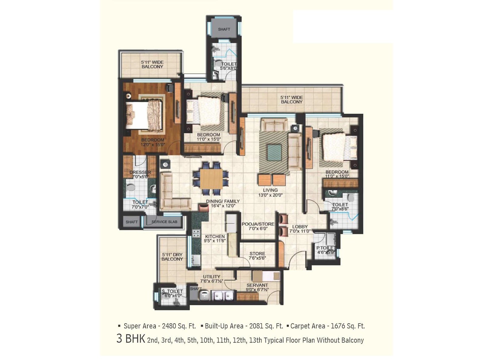 Floor plan of 3 BHK 2480 Sq. Ft. Apartment in Janta Land Falcon View, Chandigarh