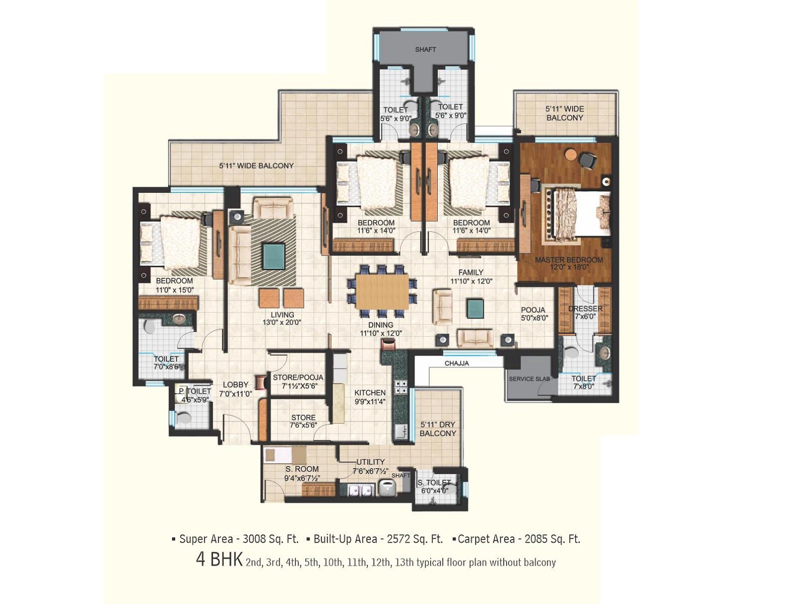 Floor plan of 4 BHK 3008 Sq. Ft. Apartment in Janta Land Falcon View, Chandigarh
