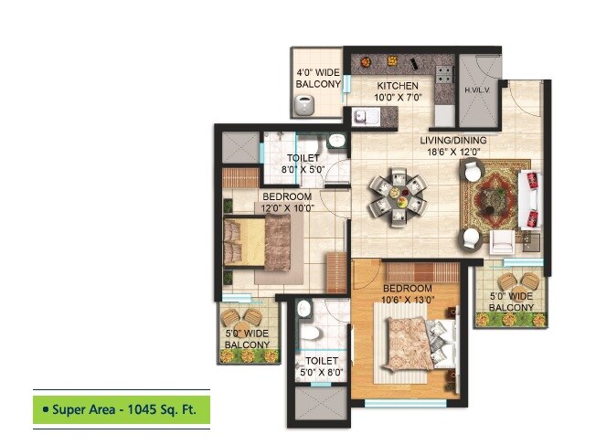 Floor plan of 2 BHK 1045 Sq. Ft. Apartment in Janta Land Galaxy Heights, Chandigarh