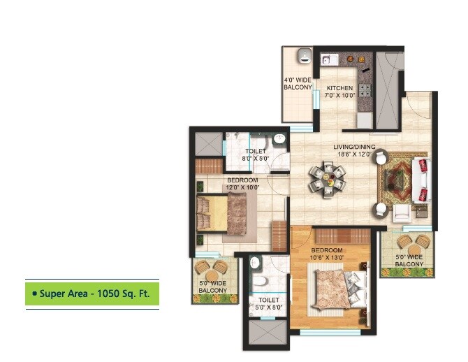 Floor plan of 2 BHK 1050 Sq. Ft. Apartment in Janta Land Galaxy Heights, Chandigarh