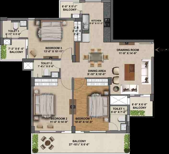 Floor plan of 3 BHK 1675 Sq. Ft. Apartment in Jubilee Golfvista, Chandigarh