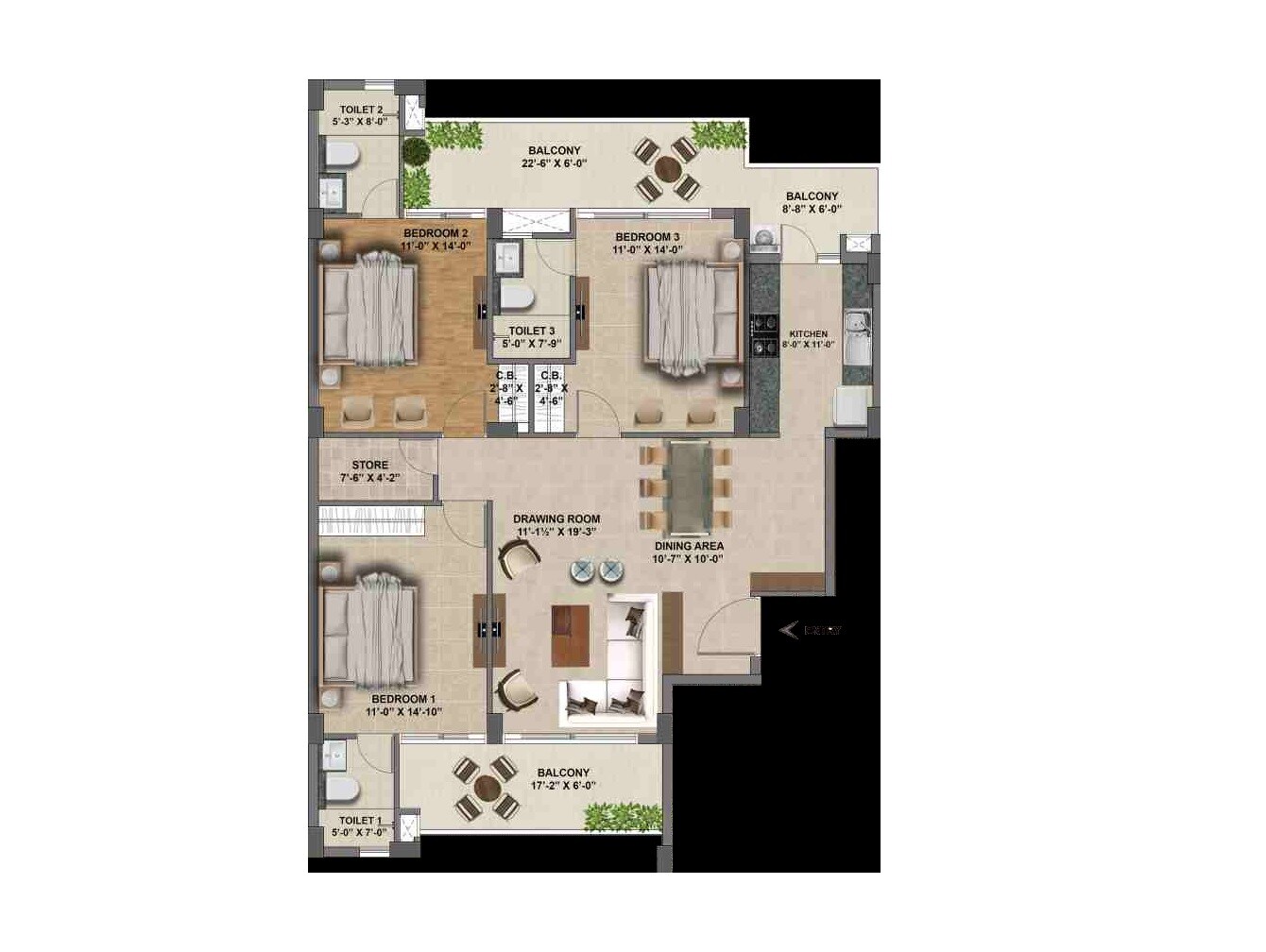 Floor plan of 3 BHK 1985 Sq. Ft. Apartment in Jubilee Golfvista, Chandigarh