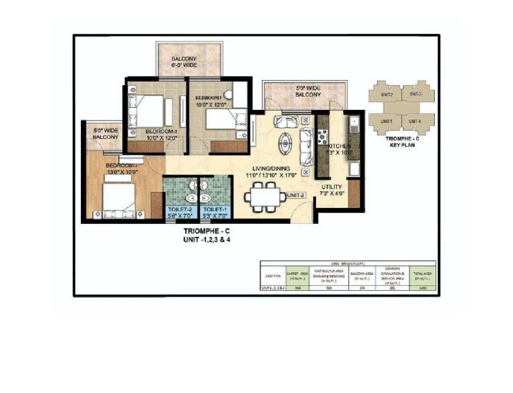 Floor plan of 3 BHK 984 Sq. Ft. Apartment in La Parisian, Chandigarh