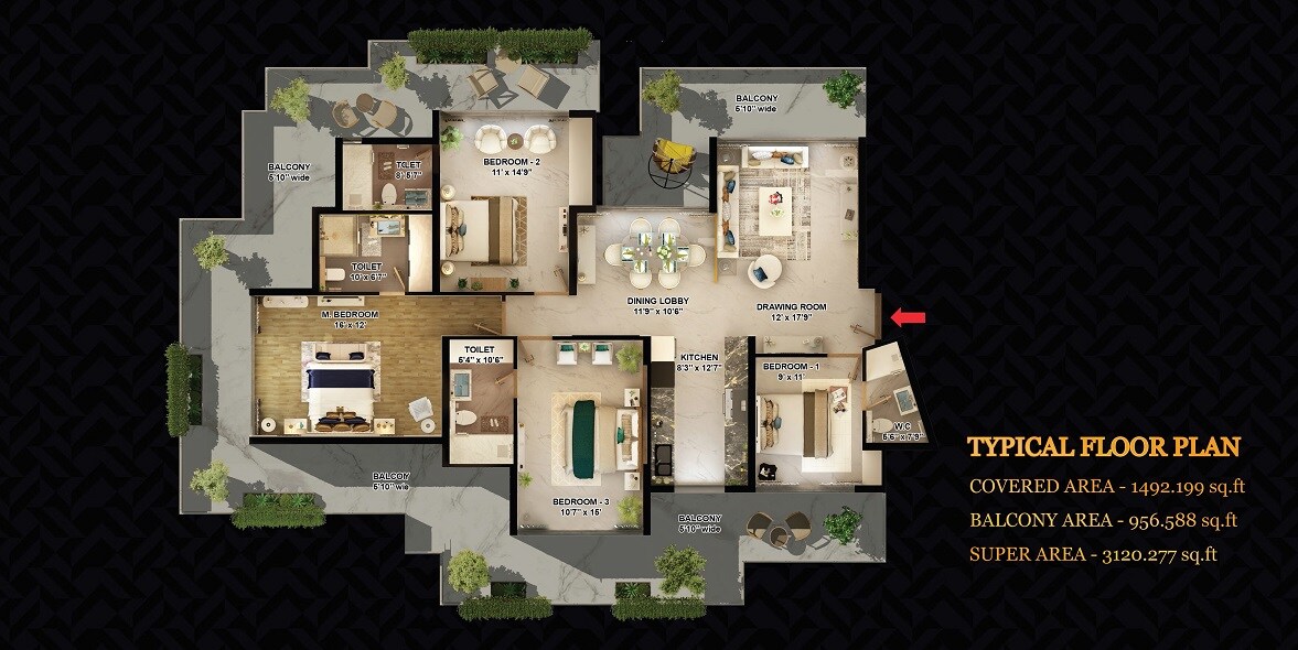 Floor plan of 4 BHK 3120 Sq. Ft. Apartment in Luxestates The Sky Heights, Chandigarh
