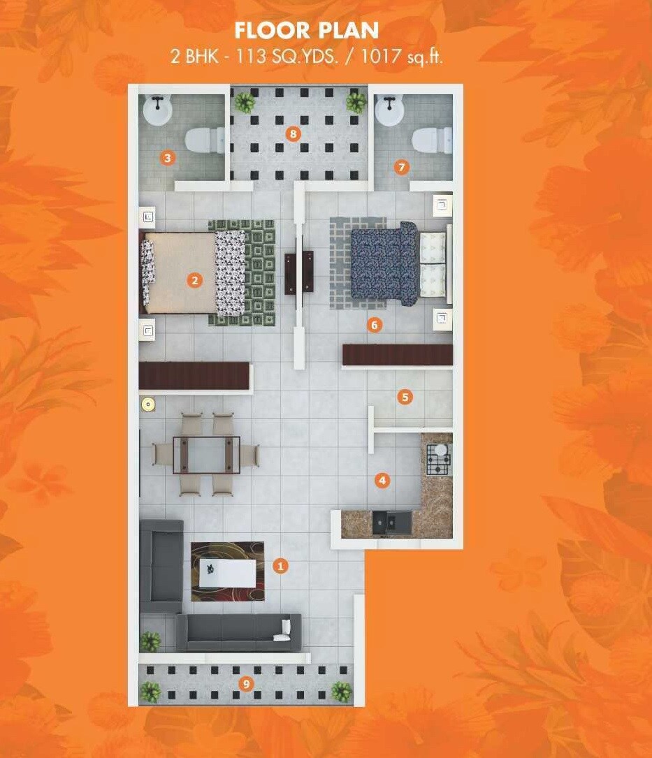 Floor plan of 2 BHK 1017 Sq. Ft. Apartment in Om Divine World, Chandigarh