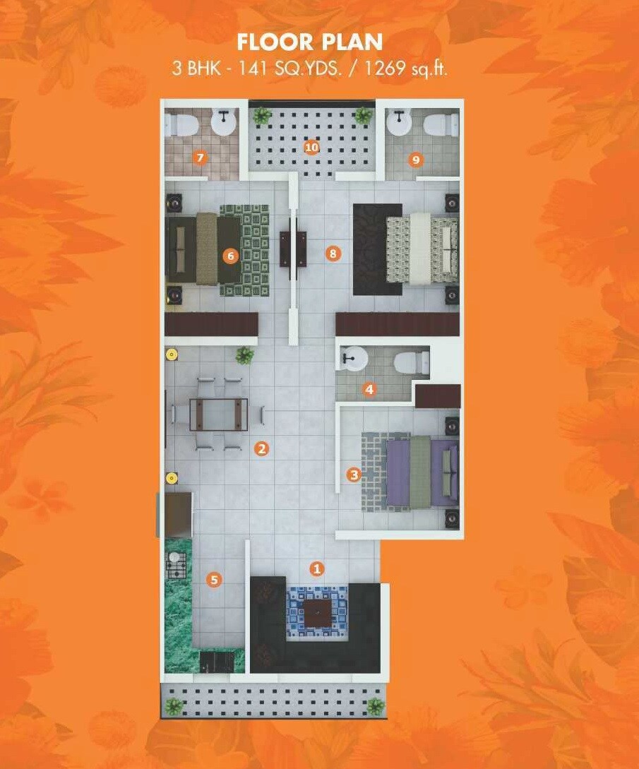 Floor plan of 3 BHK 1269 Sq. Ft. Apartment in Om Divine World, Chandigarh