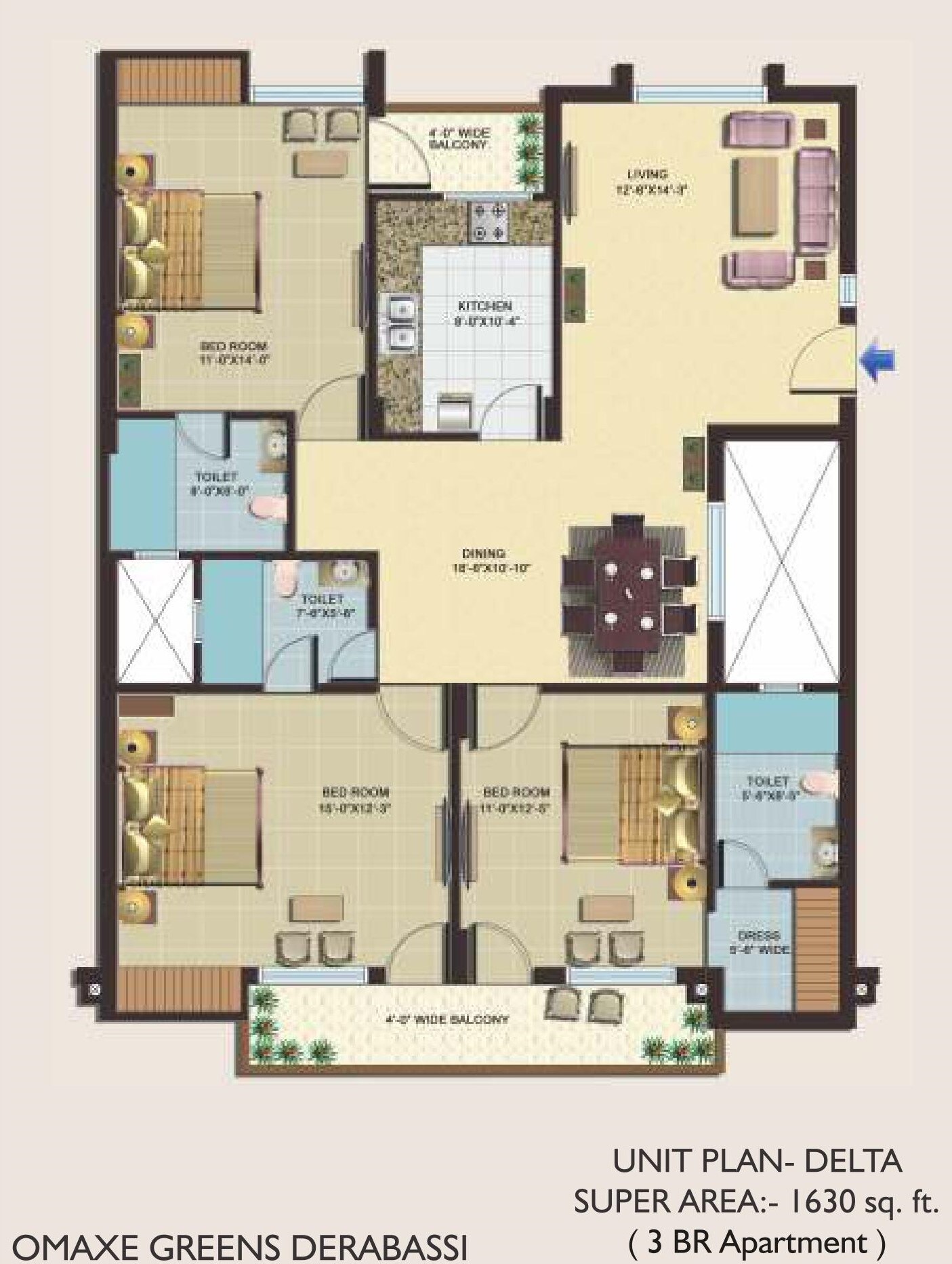 Floor plan of 3 BHK 1630 Sq. Ft. Apartment in Omaxe Greens, Chandigarh