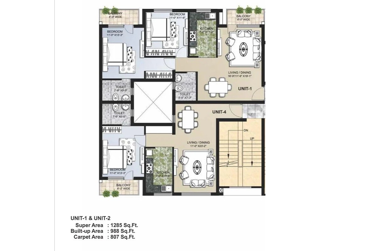 Floor plan of 2 BHK 1285 Sq. Ft. Apartment in Omaxe Lake, Chandigarh