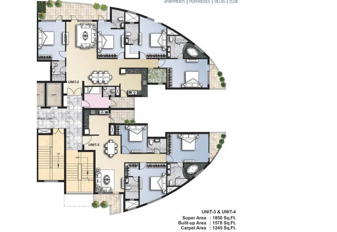 Floor plan of 3 BHK 1850 Sq. Ft. Apartment in Omaxe Lake, Chandigarh