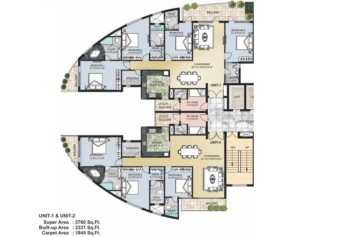 Floor plan of 4 BHK 2760 Sq. Ft. Apartment in Omaxe Lake, Chandigarh