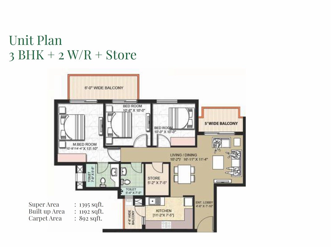 Floor plan of 3 BHK 1395 Sq. Ft. Apartment in Omaxe The Resort, Chandigarh