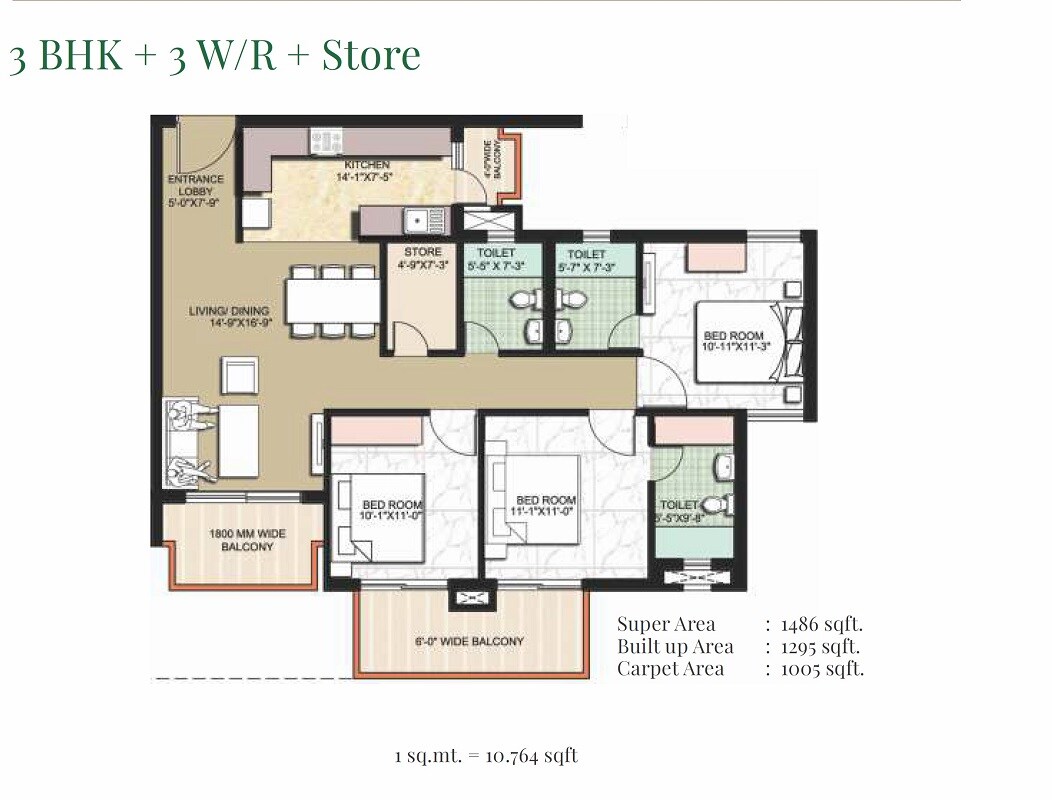 Floor plan of 3 BHK 1486 Sq. Ft. Apartment in Omaxe The Resort, Chandigarh