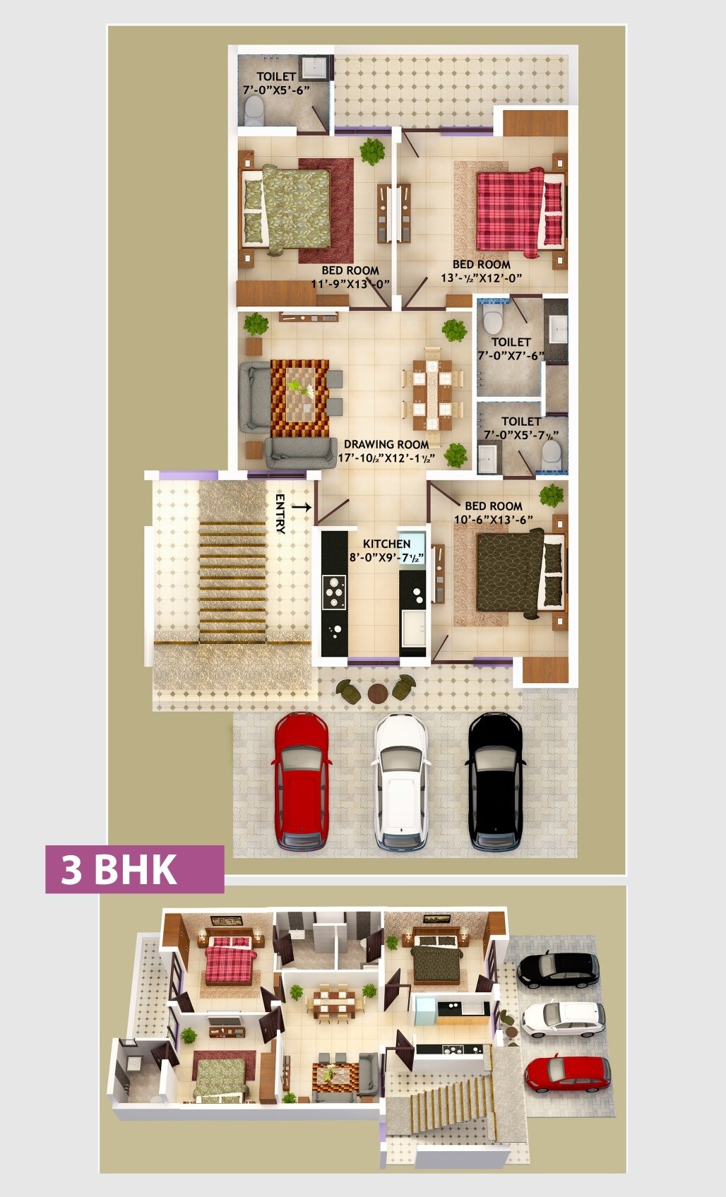Floor plan of 3 BHK 1620 Sq. Ft. Apartment in Omkareshwar Ocean Residency, Chandigarh