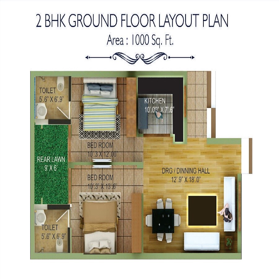 Floor plan of 2 BHK 1000 Sq. Ft. Apartment in R K Premia Homes, Chandigarh