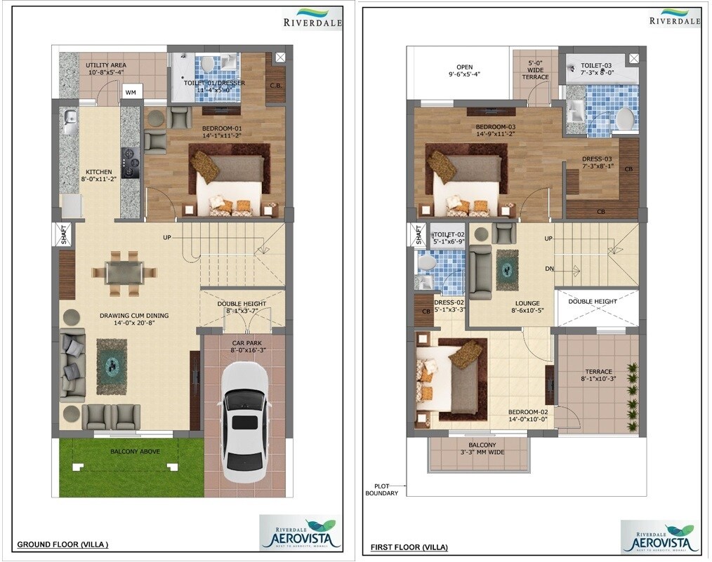 Floor plan of 3 BHK 1035 Sq. Ft. Villa in Riverdale Aerovista, Chandigarh
