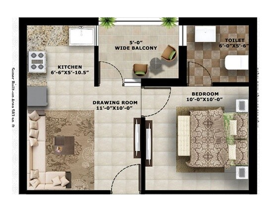 Floor plan of 1 BHK 468 Sq. Ft. Apartment in SBP City of Dreams, Chandigarh