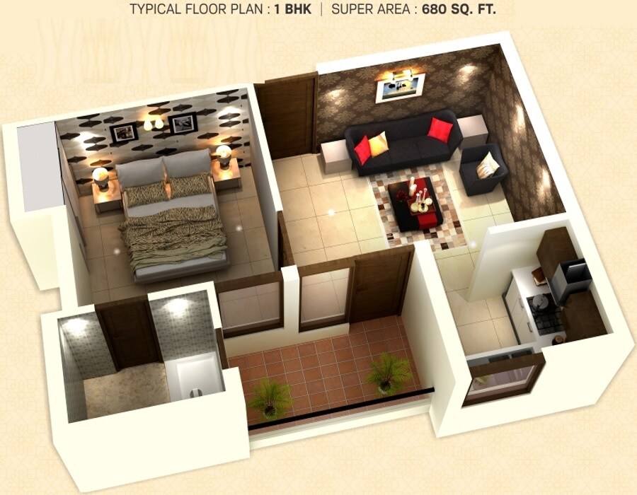 Floor plan of 1 BHK 680 Sq. Ft. Apartment in SBP City of Dreams, Chandigarh