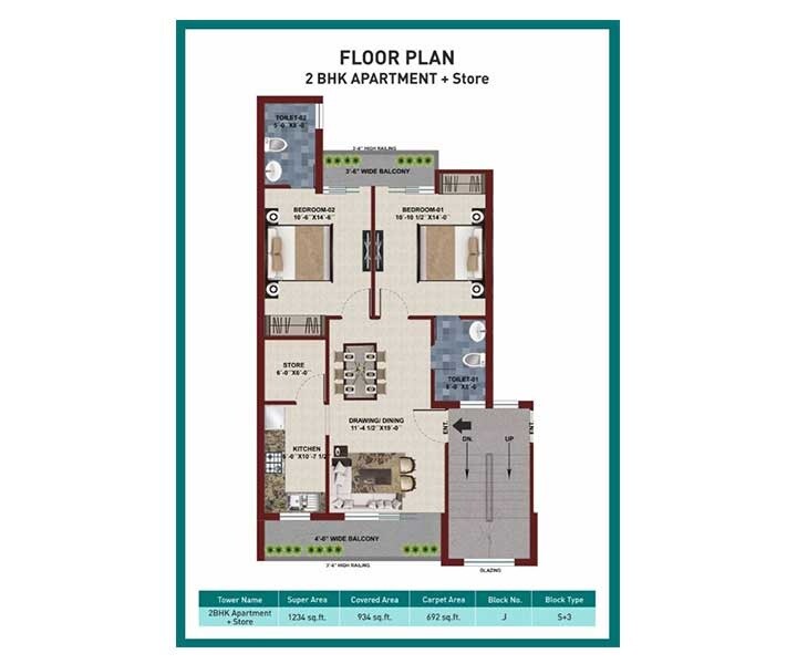 Floor plan of 2 BHK 1234 Sq. Ft. Apartment in SBP City of Dreams, Chandigarh