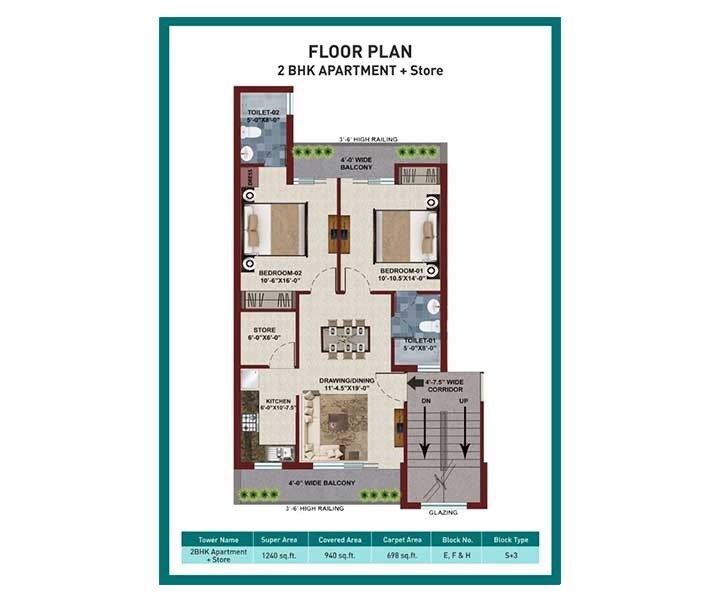 Floor plan of 2 BHK 1240 Sq. Ft. Apartment in SBP City of Dreams, Chandigarh