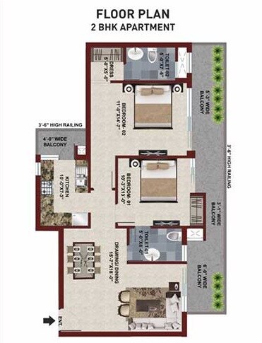 Floor plan of 2 BHK 1308 Sq. Ft. Apartment in SBP City of Dreams, Chandigarh