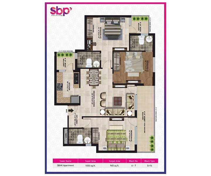 Floor plan of 3 BHK 1550 Sq. Ft. Apartment in SBP City of Dreams, Chandigarh