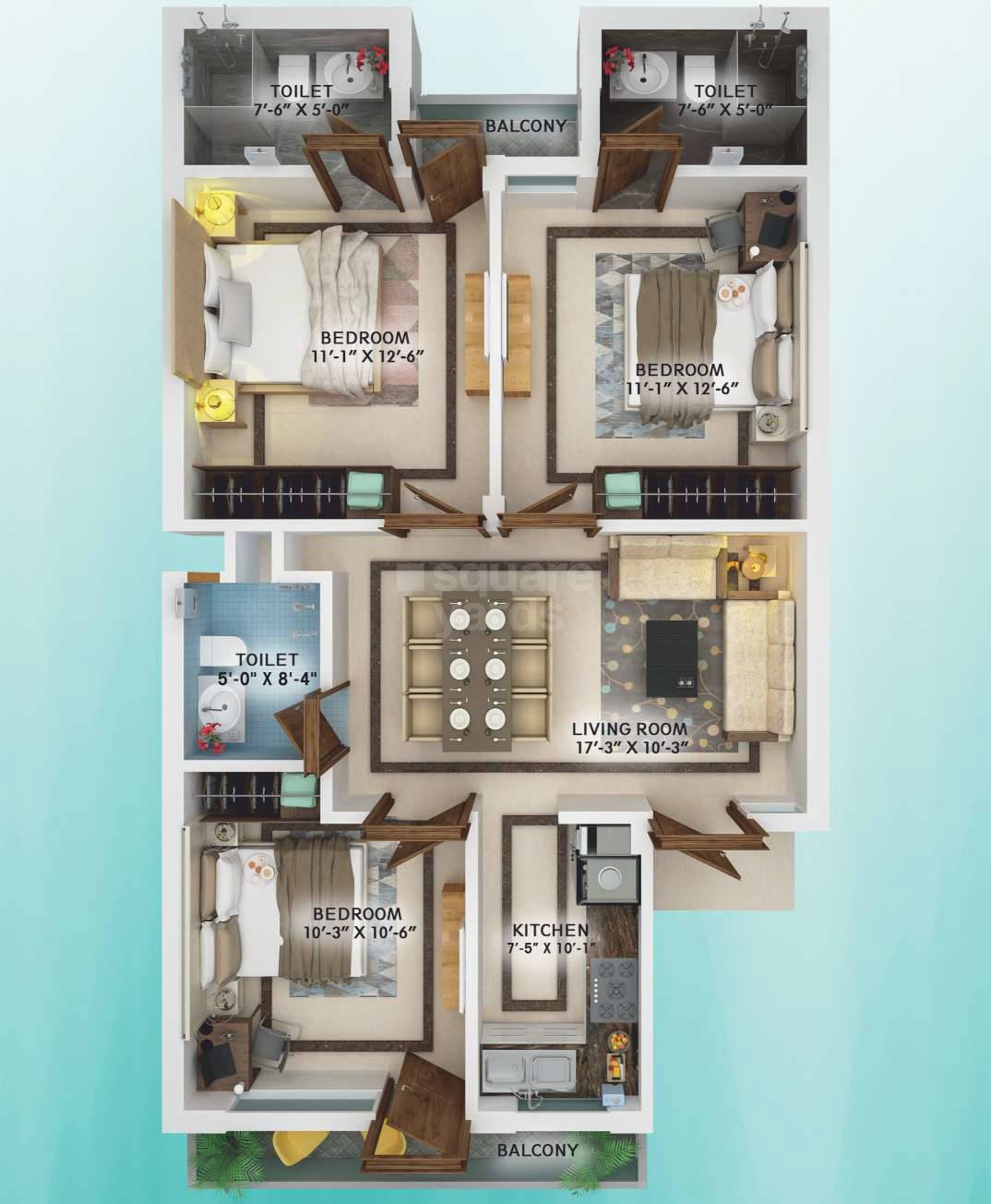 Floor plan of 3 BHK 1550 Sq. Ft. Apartment in Sbp Nature City, Chandigarh