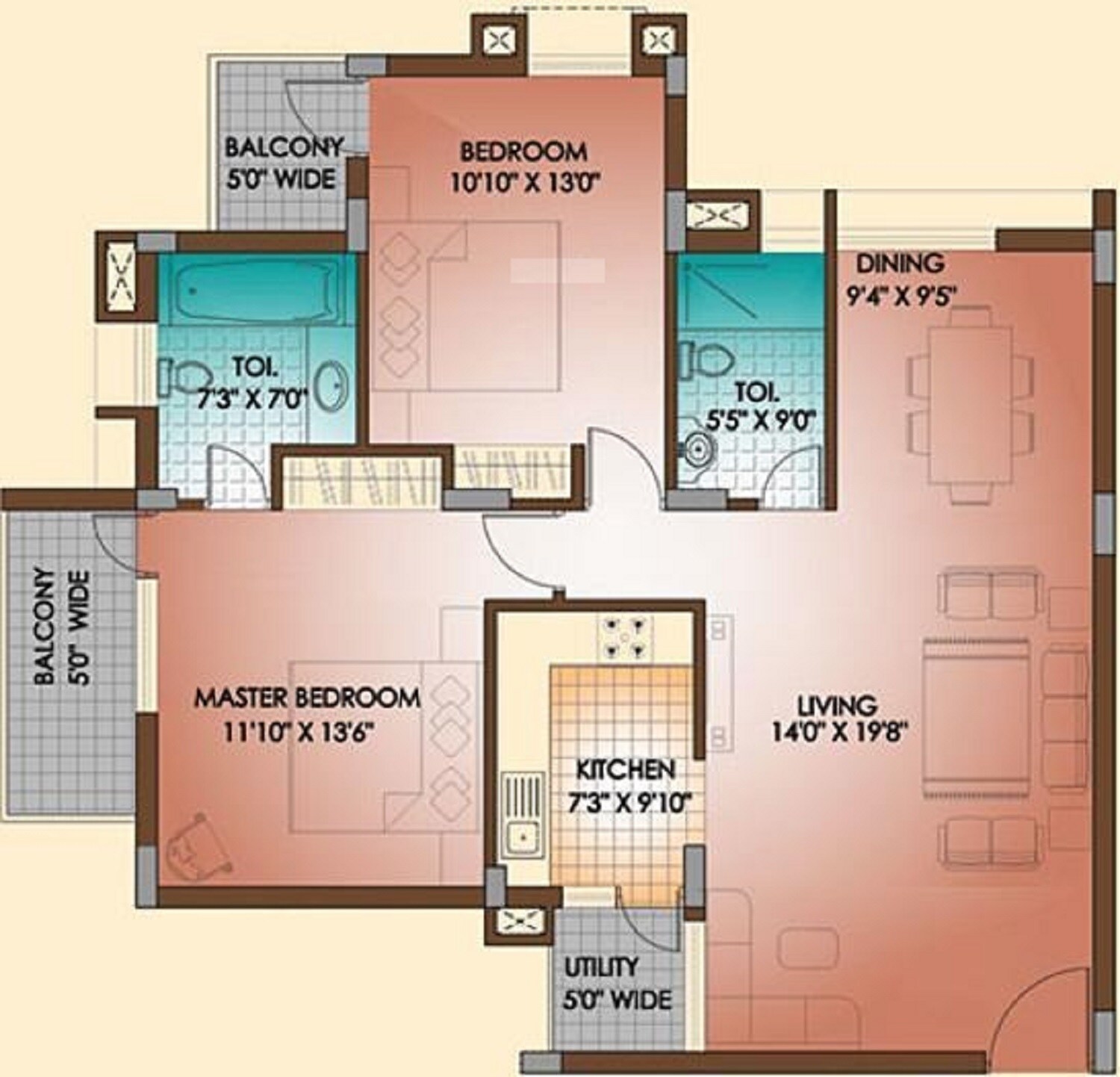 Floor plan of 2 BHK 1367 Sq. Ft. Apartment in Soul Space Mayfair, Chandigarh