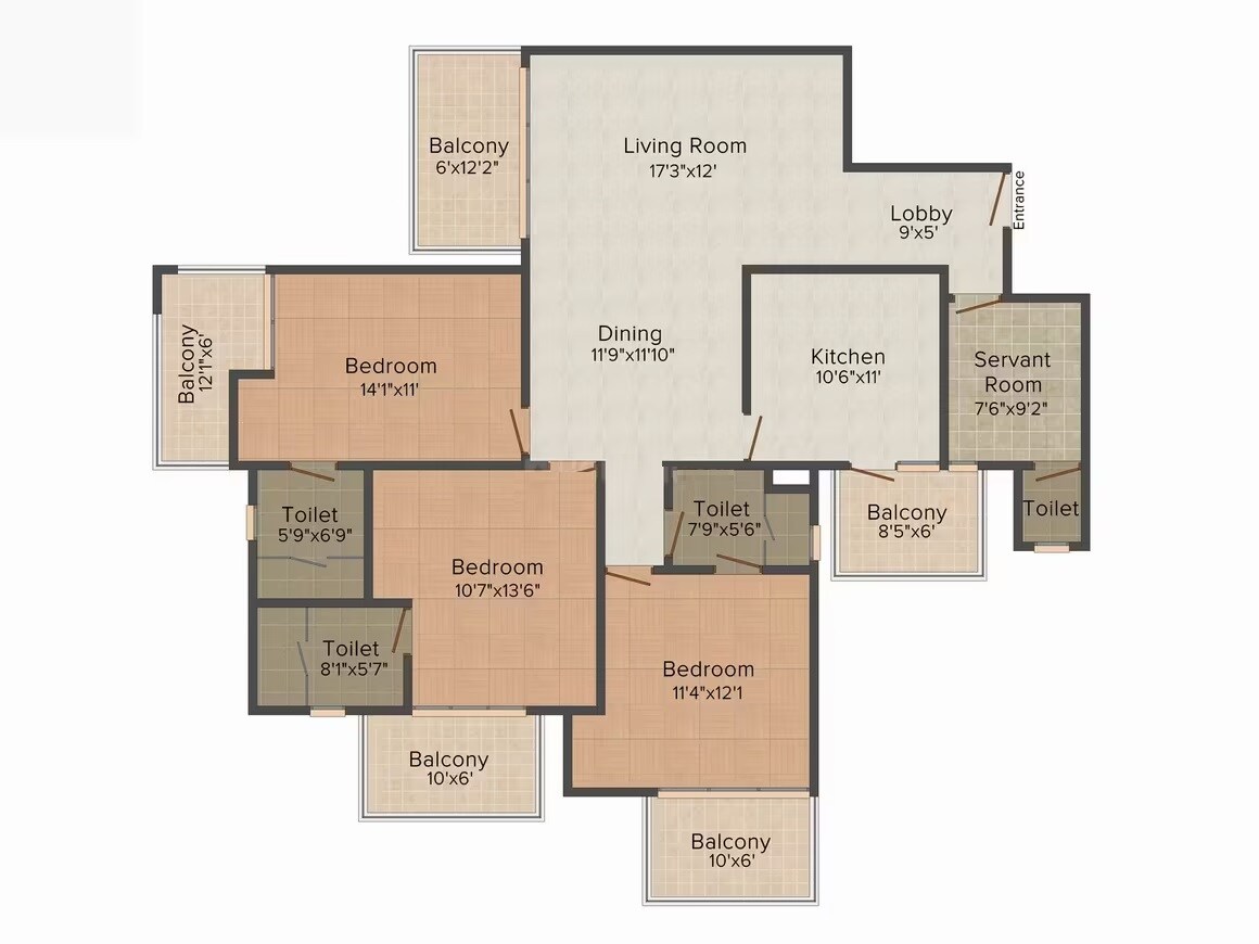 Floor plan of 3 BHK 1850 Sq. Ft. Apartment in Suncity Parikarma, Chandigarh