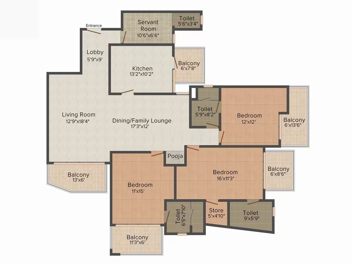 Floor plan of 3 BHK 2150 Sq. Ft. Apartment in Suncity Parikarma, Chandigarh