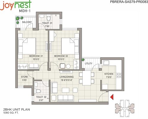 Floor plan of 2 BHK 1080 Sq. Ft. Apartment in Sushma Joynest MOH, Chandigarh