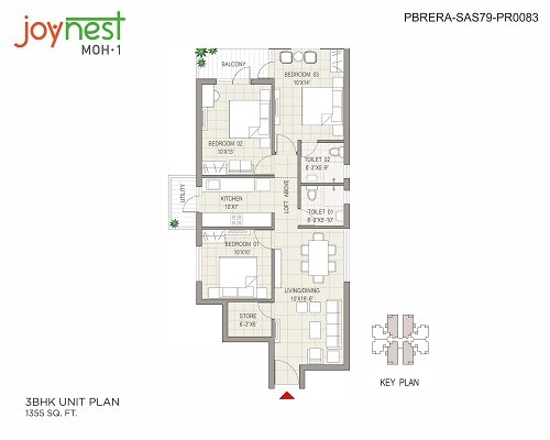 Floor plan of 3 BHK 1355 Sq. Ft. Apartment in Sushma Joynest MOH, Chandigarh