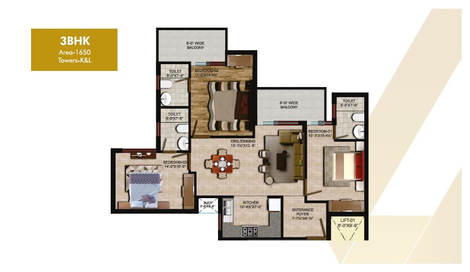 Floor plan of 3 BHK 1650 Sq. Ft. Apartment in The Address Mullanpur, Chandigarh