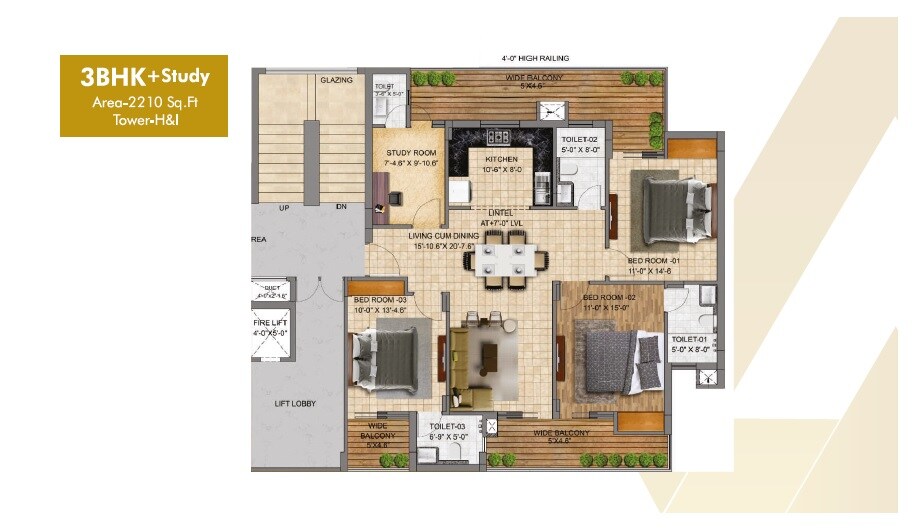 Floor plan of 3 BHK 2210 Sq. Ft. Apartment in The Address Mullanpur, Chandigarh