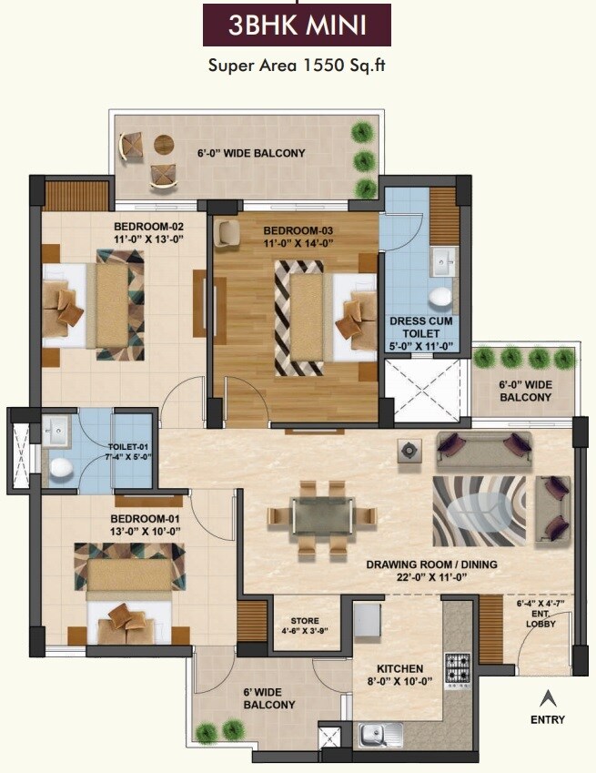 3 BHK 1550 Sq. Ft. Apartment