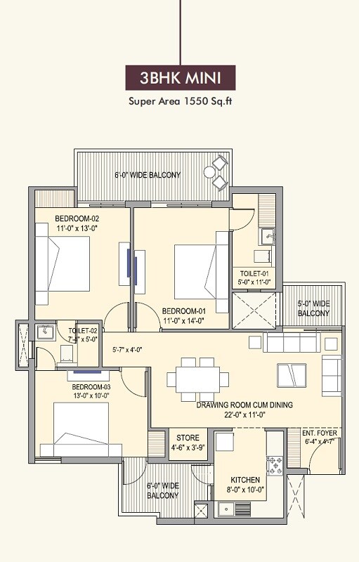 Floor plan of 3 BHK 1550 Sq. Ft. Apartment in Turnstone The Medallion, Chandigarh