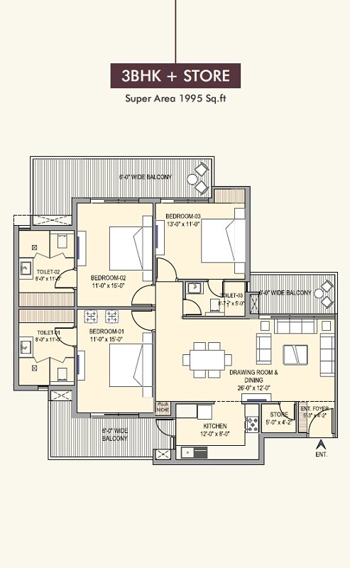 Floor plan of 3 BHK 1995 Sq. Ft. Apartment in Turnstone The Medallion, Chandigarh