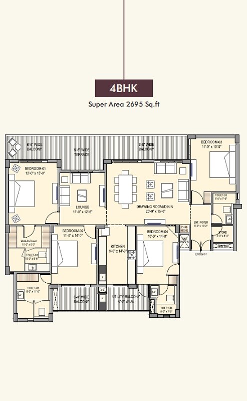 Floor plan of 4 BHK 2695 Sq. Ft. Apartment in Turnstone The Medallion, Chandigarh