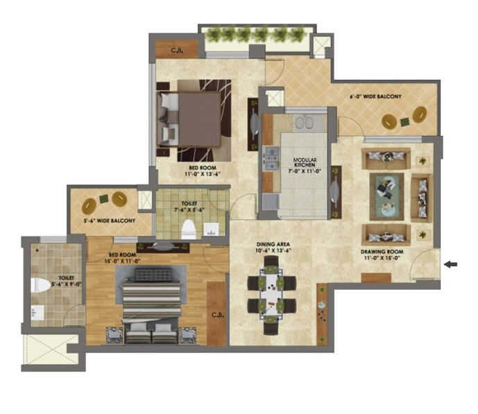 Floor plan of 2 BHK 805 Sq. Ft. Apartment in Ubber Palm Heights, Chandigarh