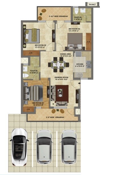 Floor plan of 3 BHK 774 Sq. Ft. Apartment in Ubber Palm Heights, Chandigarh
