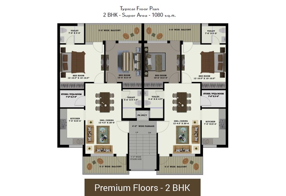 Floor plan of 2 BHK 1080 Sq. Ft. Apartment in Ubber Palm Meadows, Chandigarh