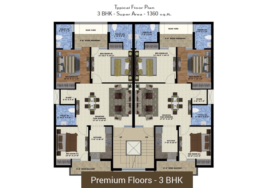 Floor plan of 3 BHK 1360 Sq. Ft. Apartment in Ubber Palm Meadows, Chandigarh