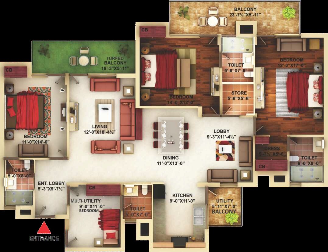 Floor plan of 4 BHK 2150 Sq. Ft. Apartment in Universal The Taj Towers, Chandigarh