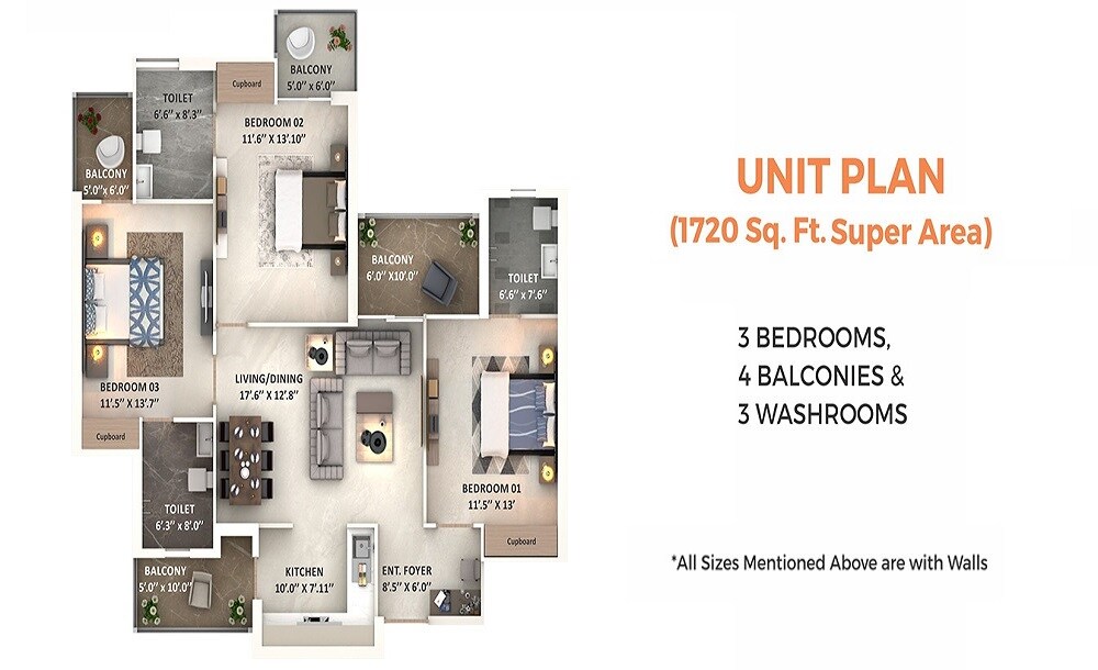 Floor plan of 3 BHK 1720 Sq. Ft. Apartment in Vera Prestige Towers, Chandigarh