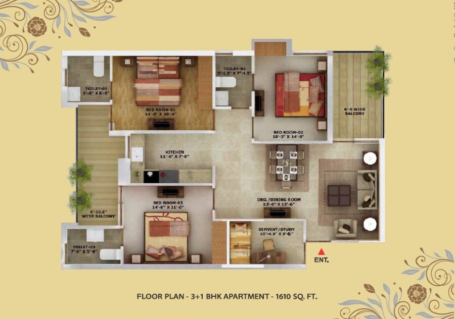 Floor plan of 3 BHK 1610 Sq. Ft. Apartment in Wisteria Nav City, Chandigarh