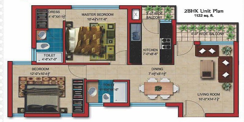 Floor plan of 2 BHK 1122 Sq. Ft. Apartment in Zara Casa, Chandigarh
