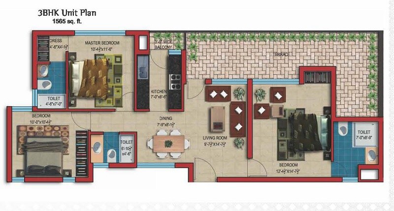 Floor plan of 3 BHK 1565 Sq. Ft. Apartment in Zara Casa, Chandigarh