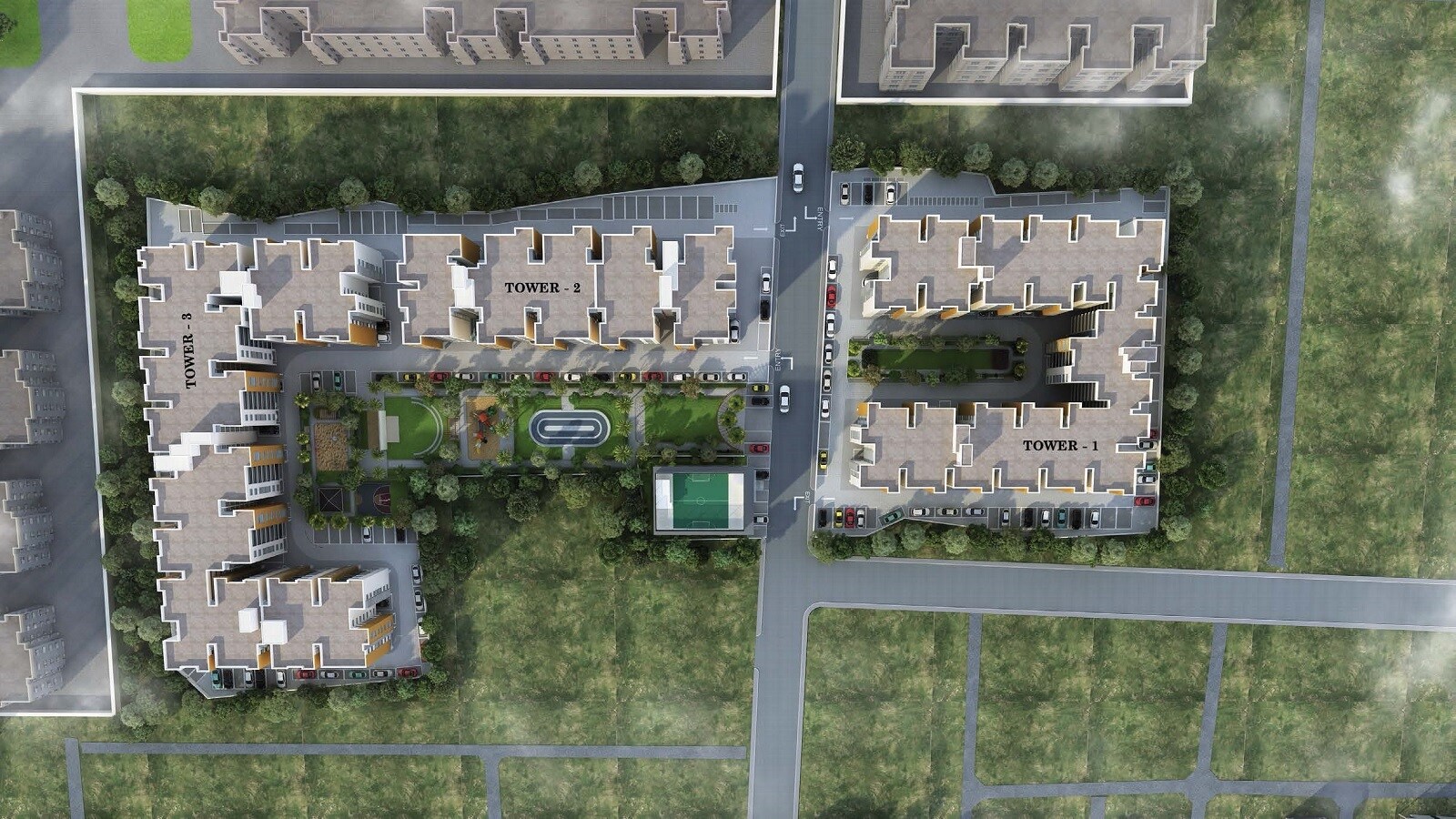 S-P-Courtyard_an aerial view of a city with a train on the tracks