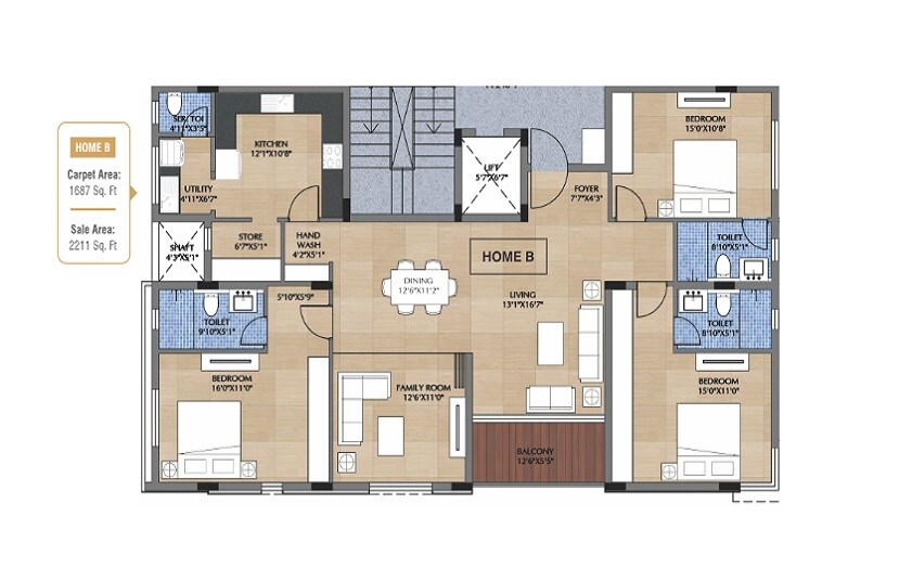 Floor plan of 3 BHK 1687 Sq. Ft. Apartment in 5 Dugar, Chennai