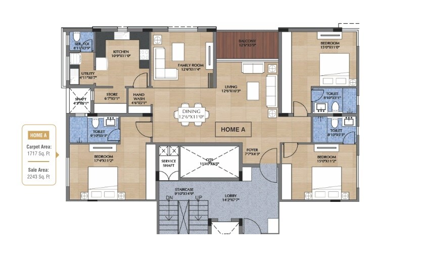 Floor plan of 3 BHK 1717 Sq. Ft. Apartment in 5 Dugar, Chennai